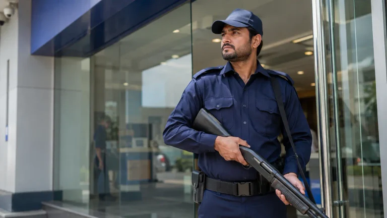 Security guard standing guard in front of a back.