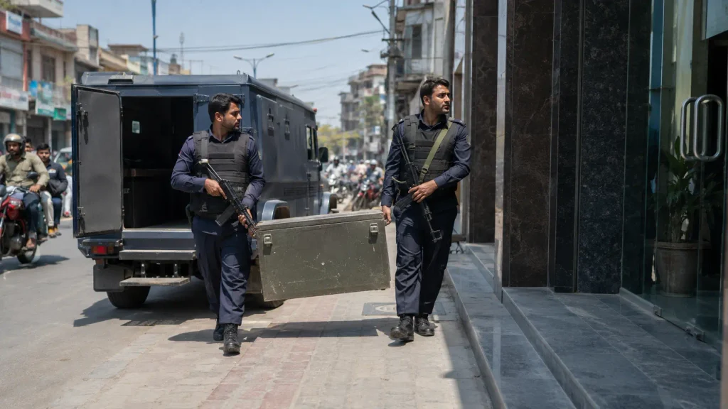 2 security guards carrying box of cash from vehicle to bank.