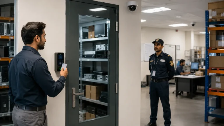 A commercial building interior with a security goard standing and an employ putting card in access control machine