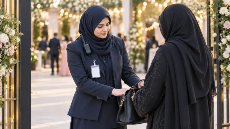 Female security guard checking a guest's bag at an event entrance in Pakistan