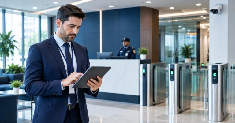 HR manager reviewing a corporate office security checklist in a secure office lobby with access control and a security officer
