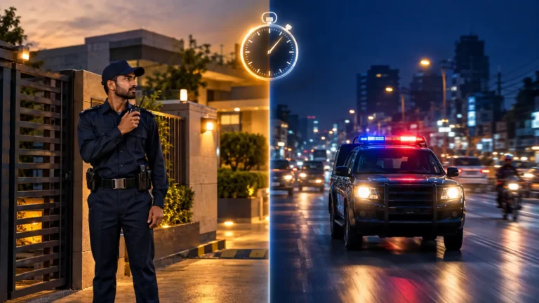 Split image comparing a private security guard on site with a police vehicle responding to a call, representing response time for business owners in Pakistan