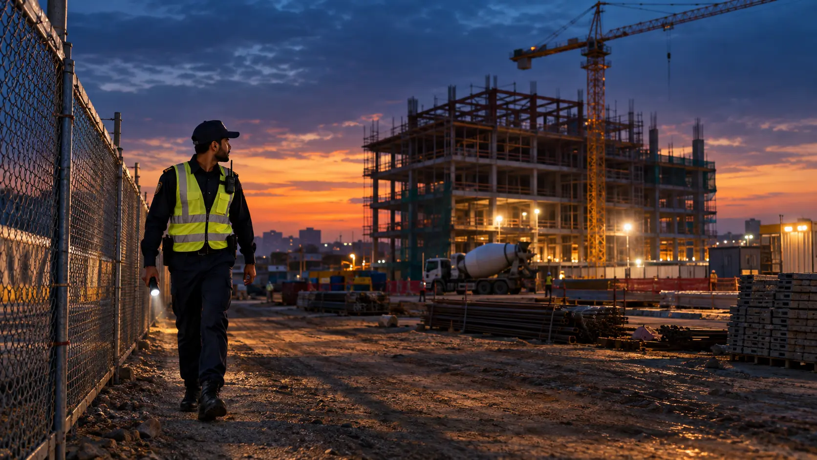 Security guard patrolling a construction site perimeter at dusk