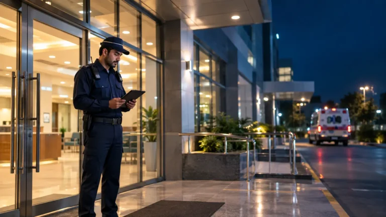 Security guard using a tab at the entrance of a hospital