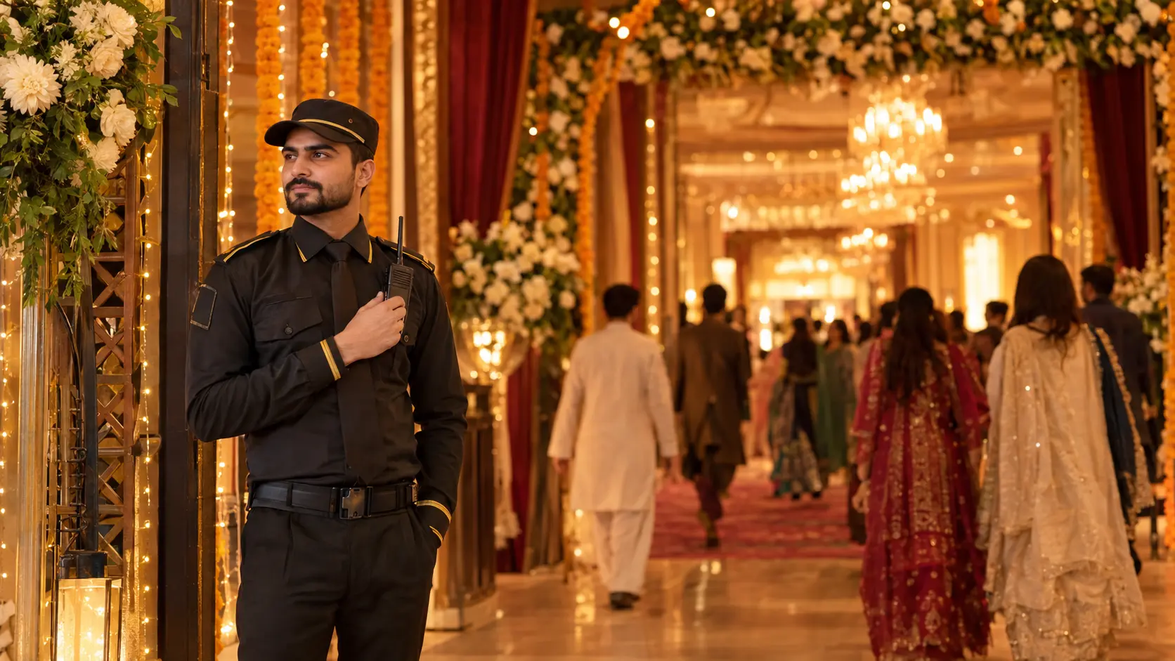 A security guard standing at the entrance of marriage hall while people getting in
