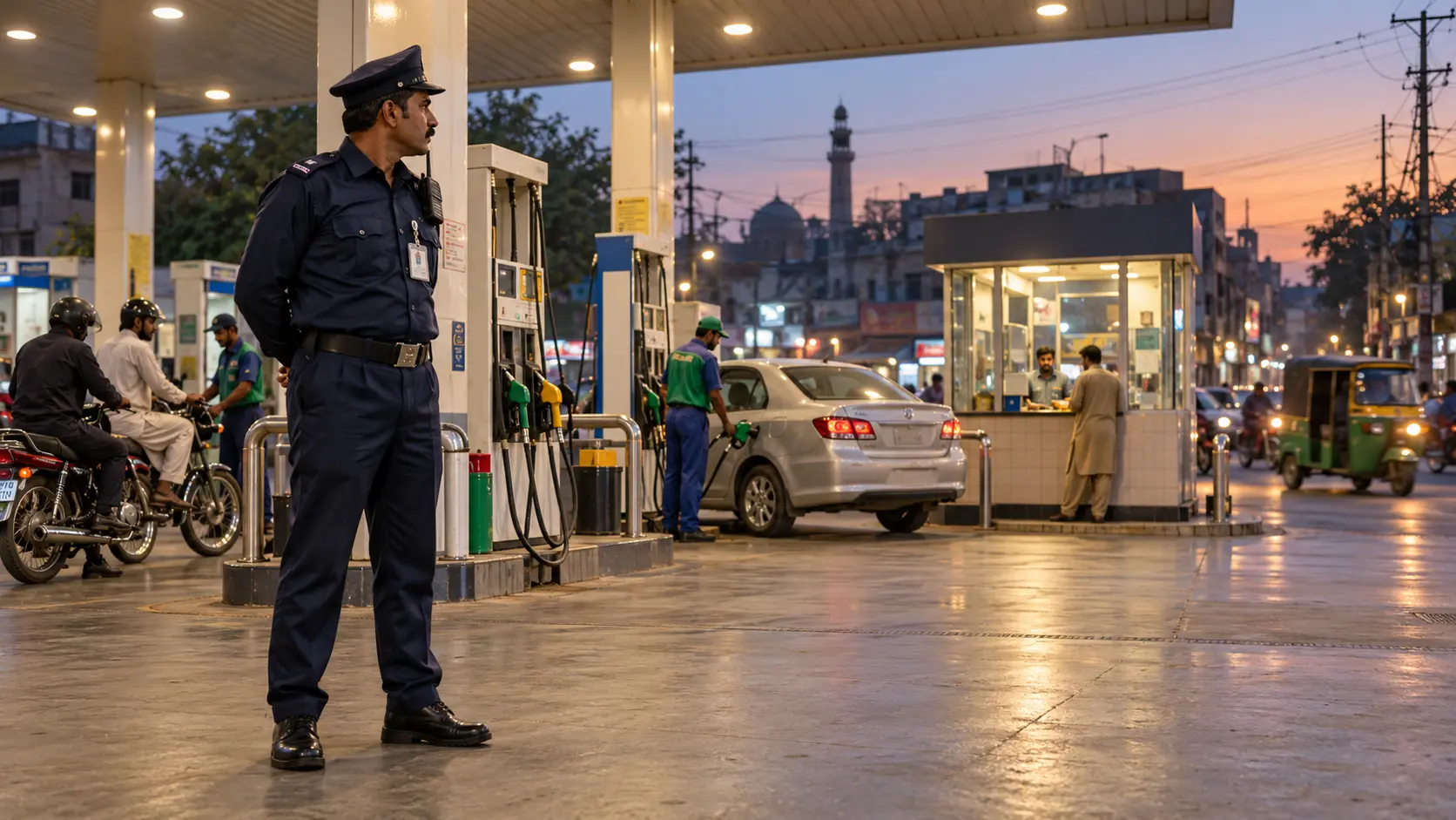 Security guard on duty at a petrol pump and CNG station in Lahore