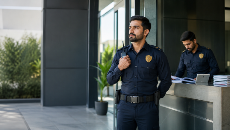 A security guard standing at the reception and another standing at the other side of the table.