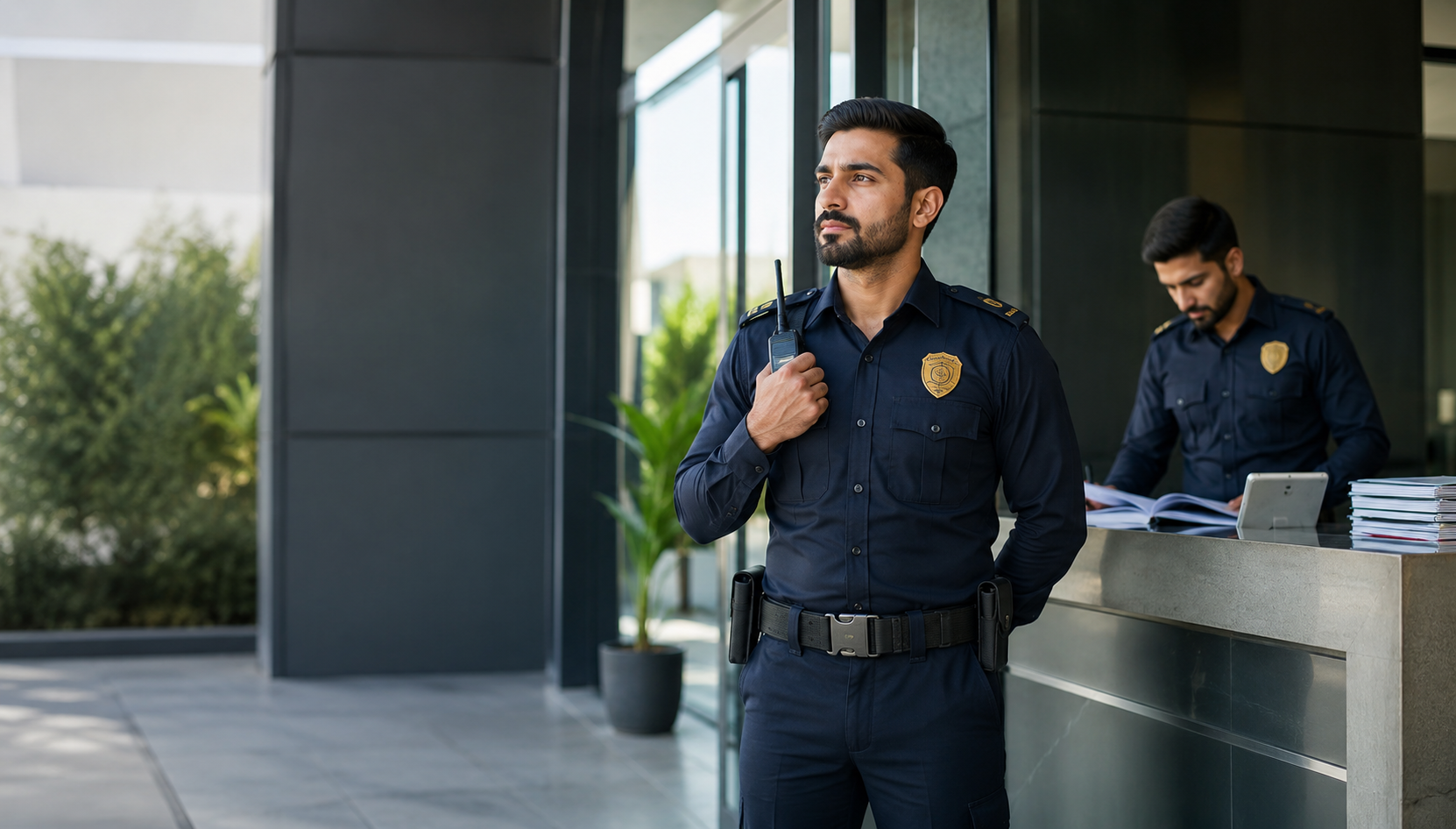 A security guard standing at the reception and another standing at the other side of the table.