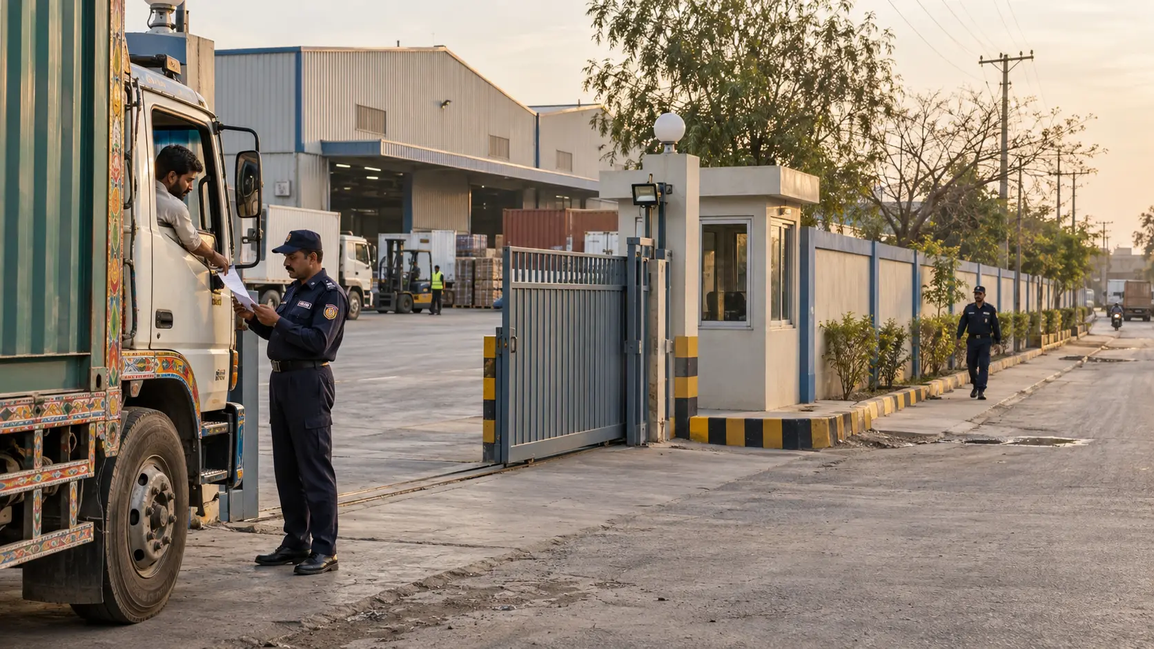 Security guard checking a delivery truck at a Lahore industrial estate gate while another guard patrols the factory perimeter.