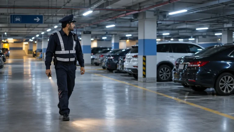 Security guard patrolling a mall basement parking lot in Pakistan
