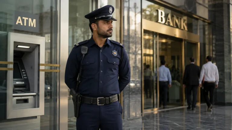 Armed security guard standing watch at a bank entrance and ATM for financial institution security