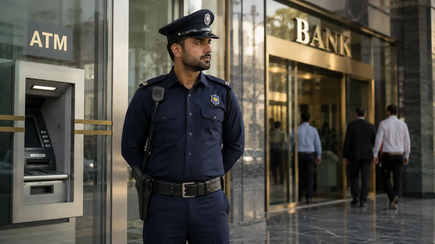 Armed security guard standing watch at a bank entrance and ATM for financial institution security