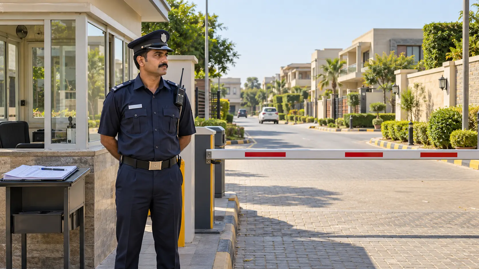 Security guard standing beside a boom barrier and guard booth at the entrance to a residential housing scheme in Faisalabad, Pakistan.