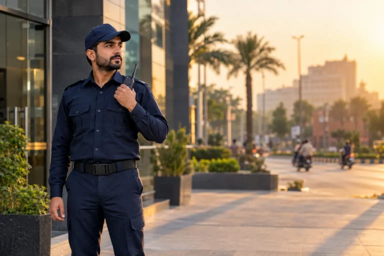 security guard standing in front of a commercial building at one side and a lahore road at other side