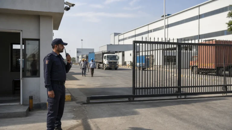 A security guard standing in front of a factory gate.