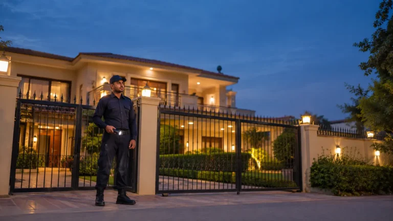Security guard standing watch outside a residential property in Pakistan at dusk