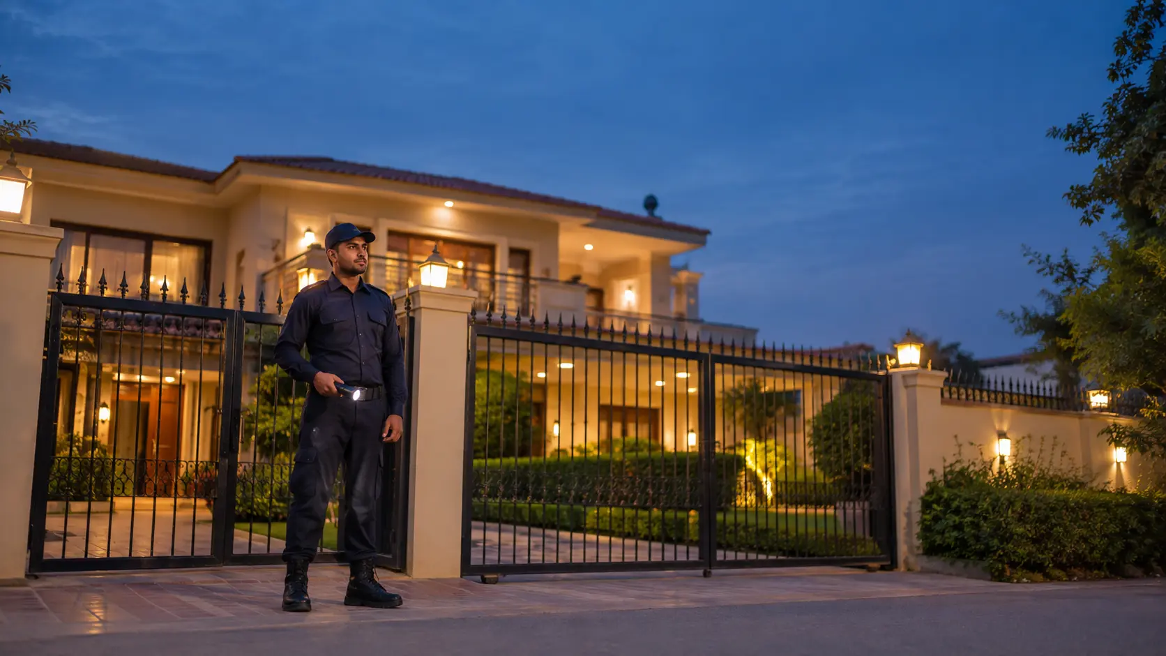 Security guard standing watch outside a residential property in Pakistan at dusk