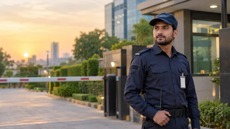 A Pakistani security guard standing at the entrance of a modern commercial property with a gated driveway and boom barrier at sunset.