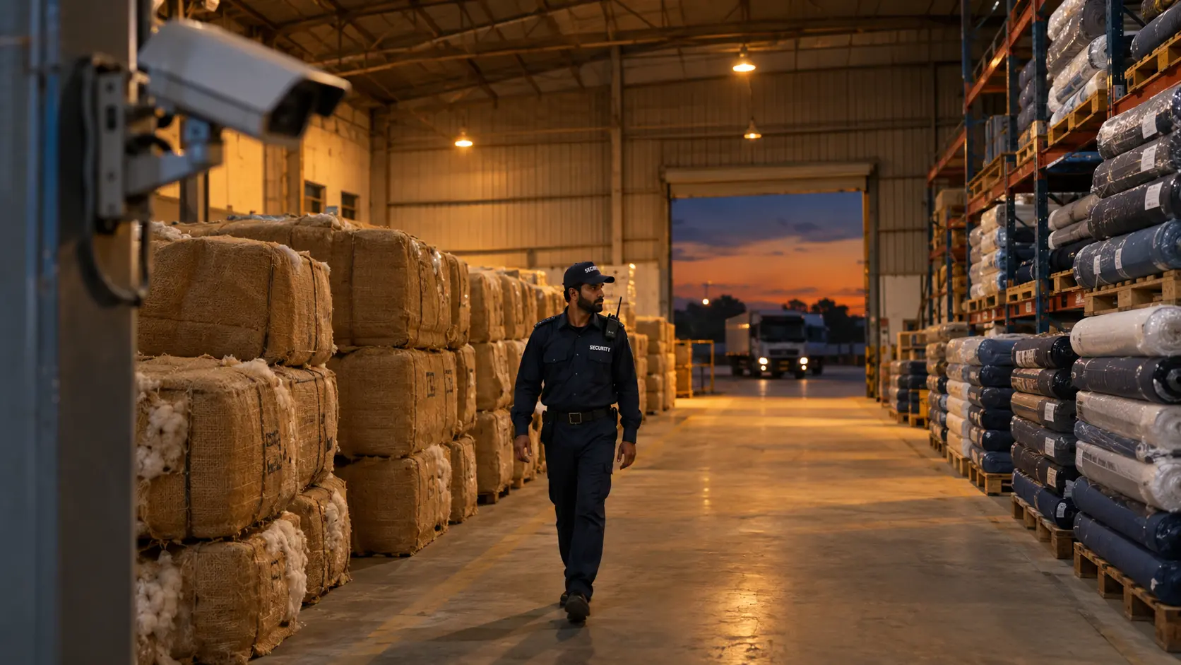 security guard walking in a textile factory