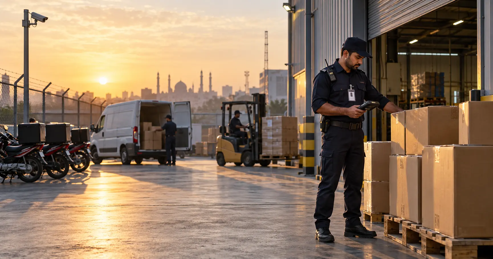 Security guard checking parcels at a fulfillment center loading dock in Lahore