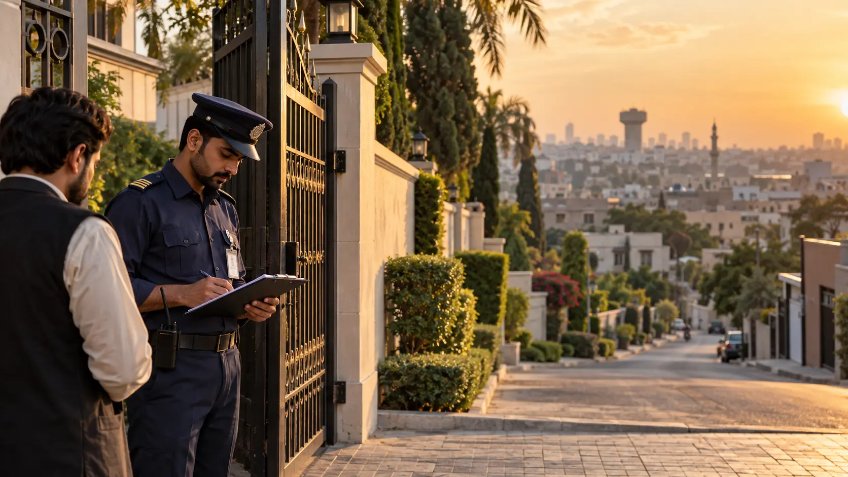 Security guard checking a visitor log at a housing society gate in Lahore, with the city's mixed skyline in the background