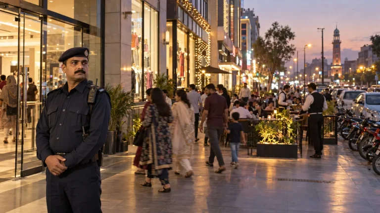 Security guard standing at a mall entrance on D Ground, Faisalabad, with shoppers and illuminated storefronts at dusk.