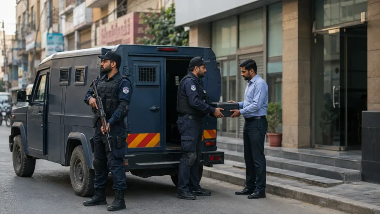 two armed security guards in dark tactical uniforms with visible bulletproof vests, standing beside an armored cash in transit van parked outside a generic modern bank branch in a Pakistani city.