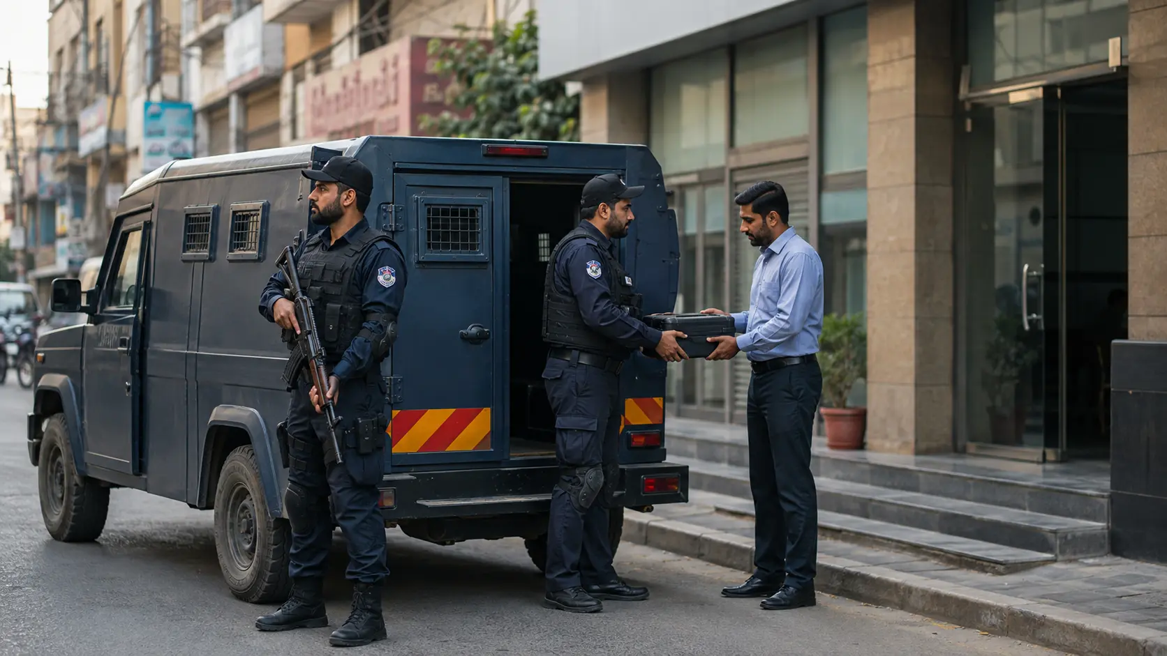 two armed security guards in dark tactical uniforms with visible bulletproof vests, standing beside an armored cash in transit van parked outside a generic modern bank branch in a Pakistani city.