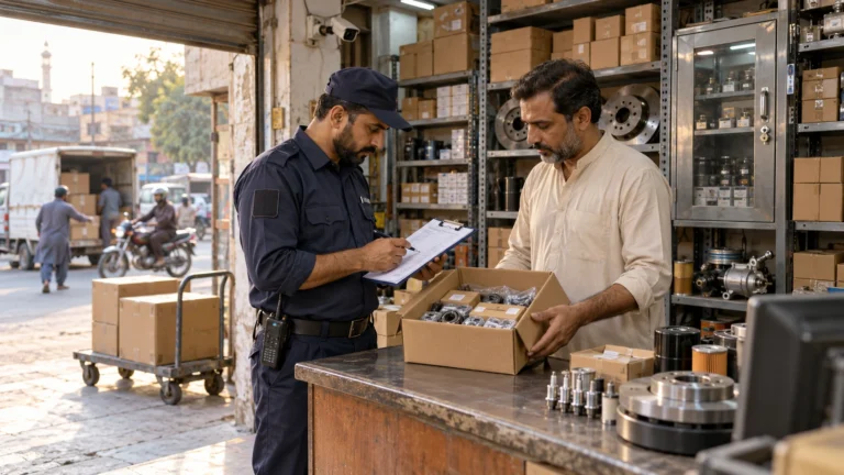 Pakistani security guard checking a dispatch document beside boxed automotive parts at a Lahore spare parts shop.