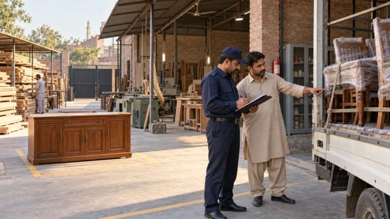 Security guard checking furniture dispatch paperwork beside a delivery truck at a Lahore workshop.