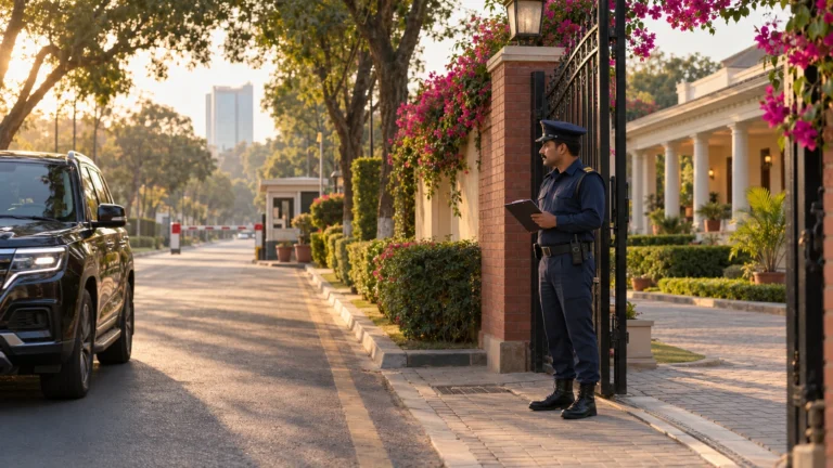Uniformed security guard checking a visitor register at the gate of a bungalow on a tree lined road in Lahore Cantt