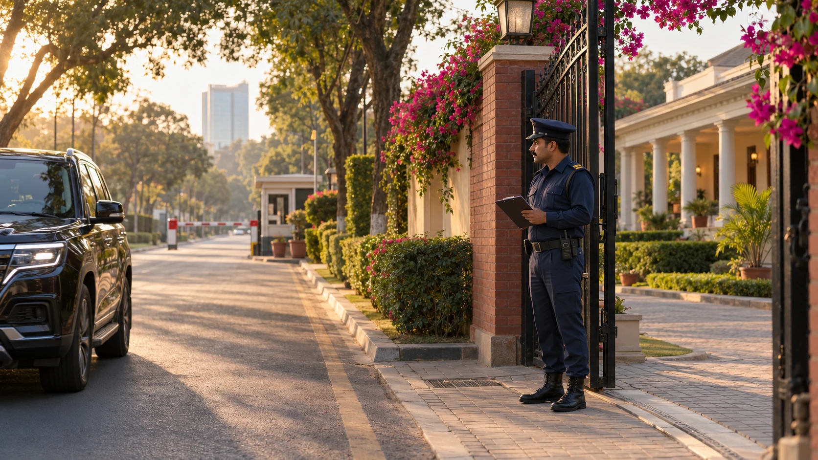 Uniformed security guard checking a visitor register at the gate of a bungalow on a tree lined road in Lahore Cantt