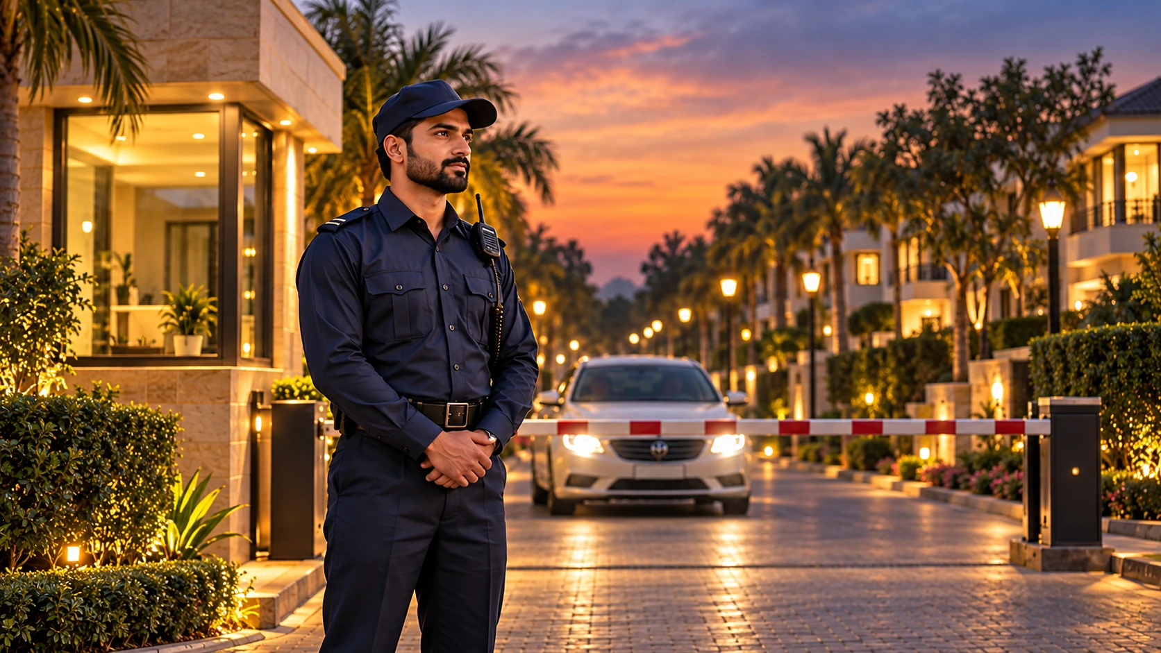 Uniformed security guard at the gate of a residential community in Lahore at sunset