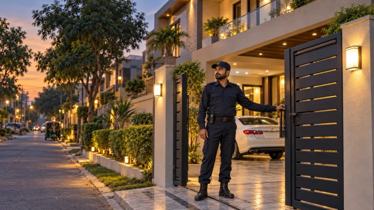 Uniformed security guard at a residential gate in Lahore at dusk