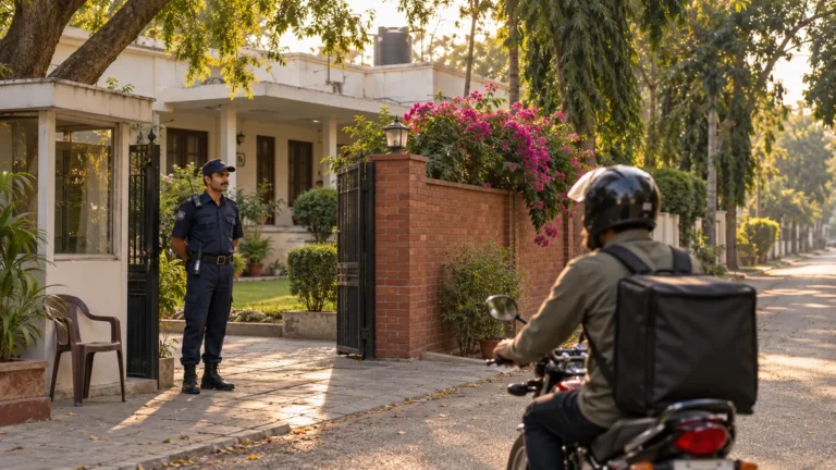 Uniformed security guard at the iron gate of a family house on a tree lined street in an older Lahore neighborhood in late afternoon light.