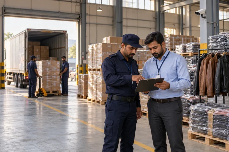 Security guard and warehouse supervisor check dispatch paperwork beside packed leather goods and garments at a Lahore export unit.