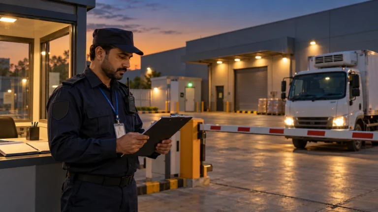 Uniformed security guard checking a dispatch note at the gate of a pharmaceutical warehouse in Lahore at dusk