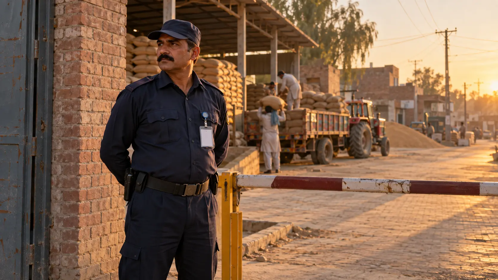 Security guard standing watch at the gate of a grain market compound in Faisalabad district, with sacks of grain and a tractor trolley in the background at golden hour.