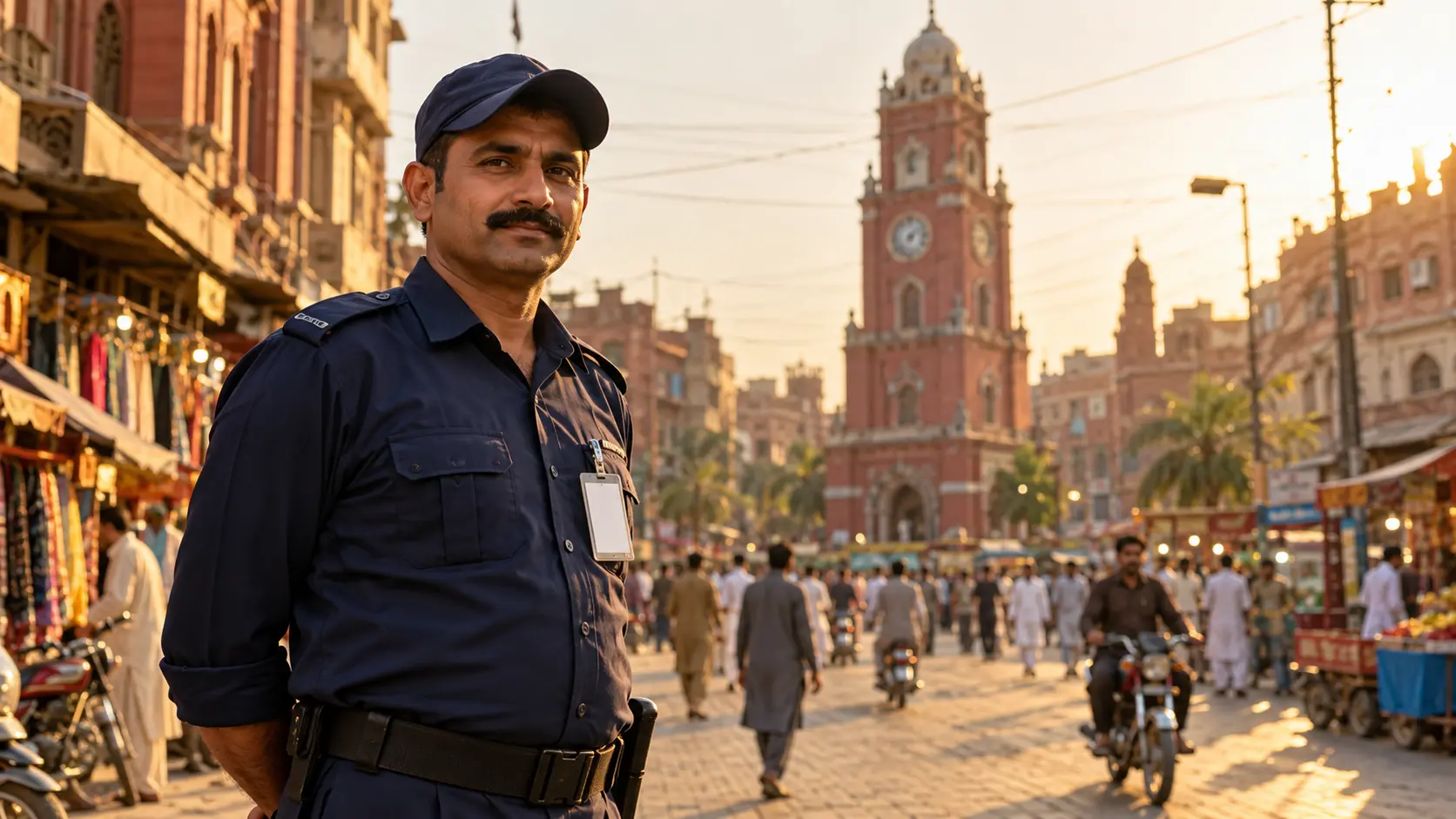 Security guard standing in a busy Faisalabad street with the city's Clock Tower visible in the background at golden hour.