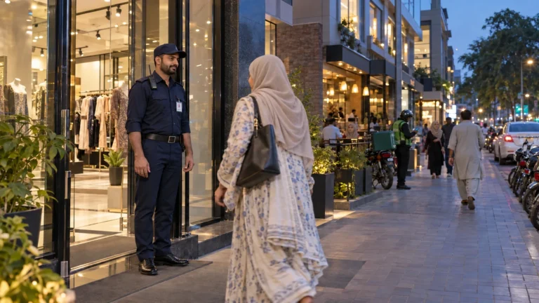 Uniformed security guard at a commercial building entrance on a Lahore street with shops, a restaurant and offices.