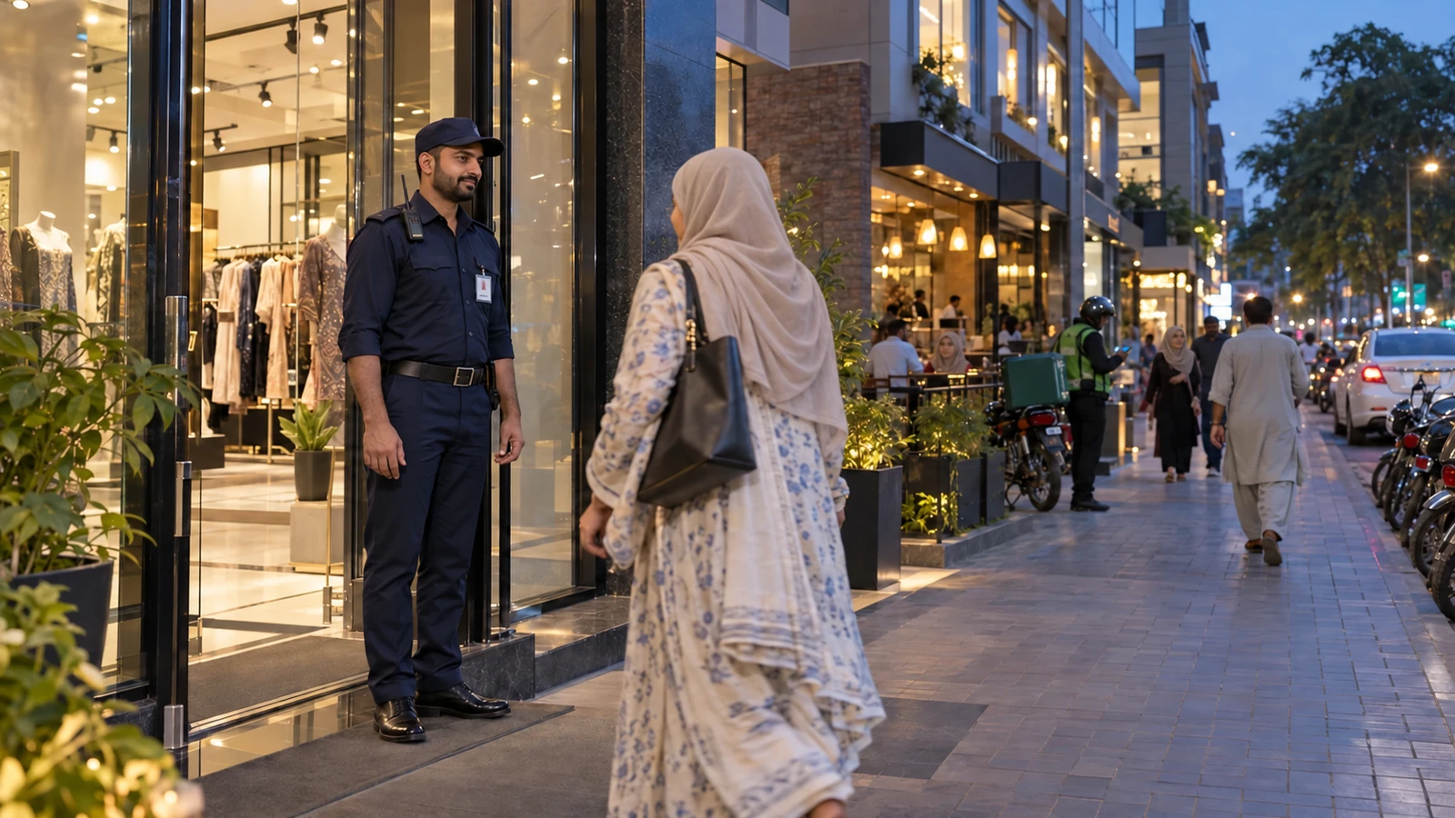 Uniformed security guard at a commercial building entrance on a Lahore street with shops, a restaurant and offices.