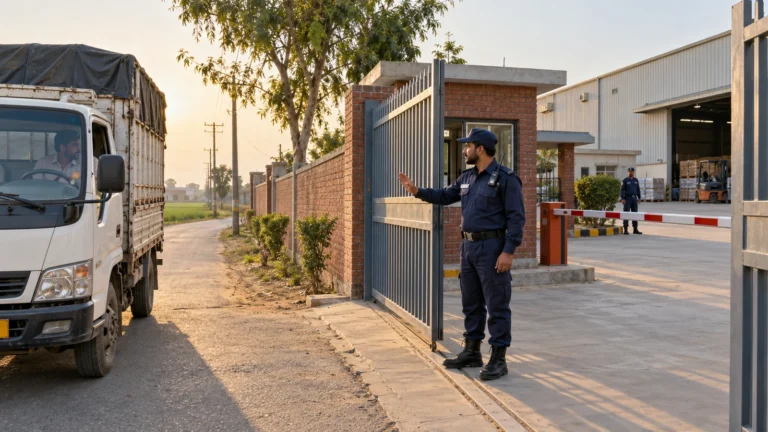 Uniformed security guard monitoring a delivery truck at an industrial property entrance on the outskirts of Lahore.