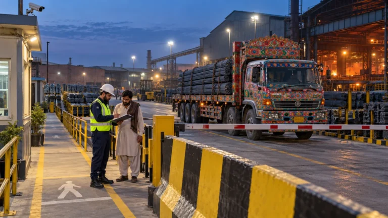 Security guard checking dispatch paperwork at a steel mill gate in Shahdara, Lahore.