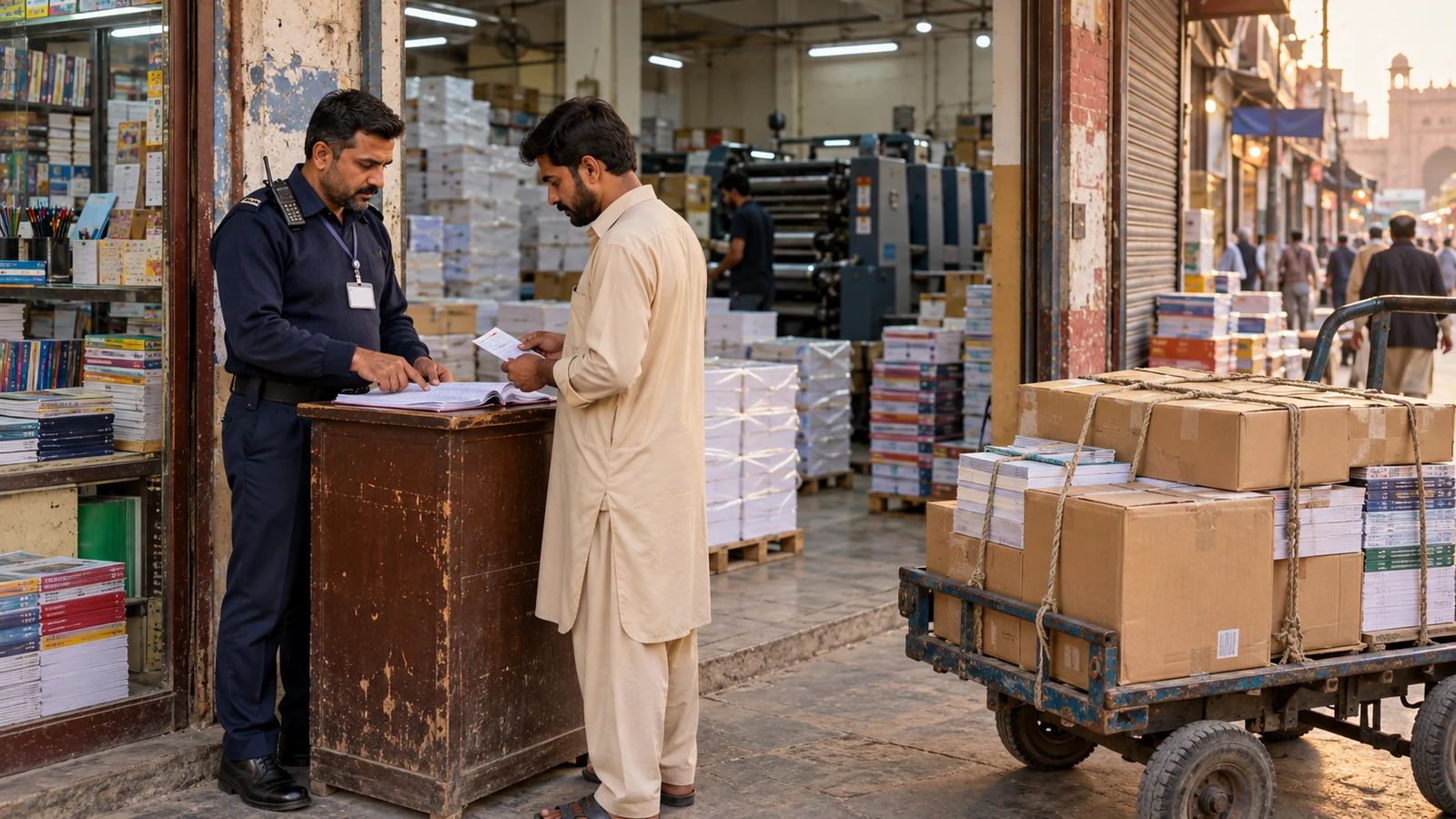 Security guard checks dispatch paperwork beside cartons of books at a paper and printing business in Lahore.